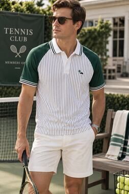 The Ace Club Après Tennis Polo Shirt Men’s Medium Green White Pinstripe